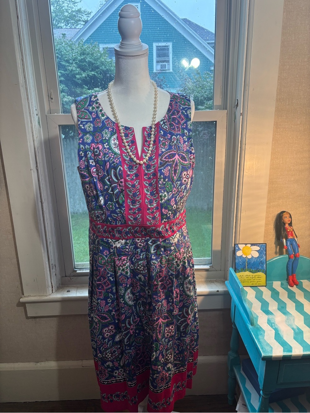 Talbots Navy Paisley Sleeveless A‑Line Dress with Pink Accents
